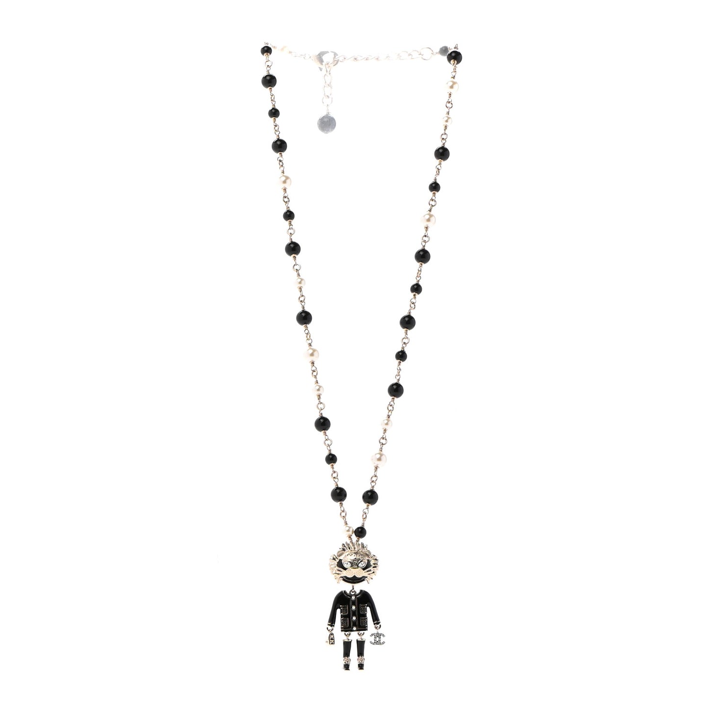 Gripoix Poured Glass Crystal Bead Pearl CC Lion Pendant Necklace Black Gold