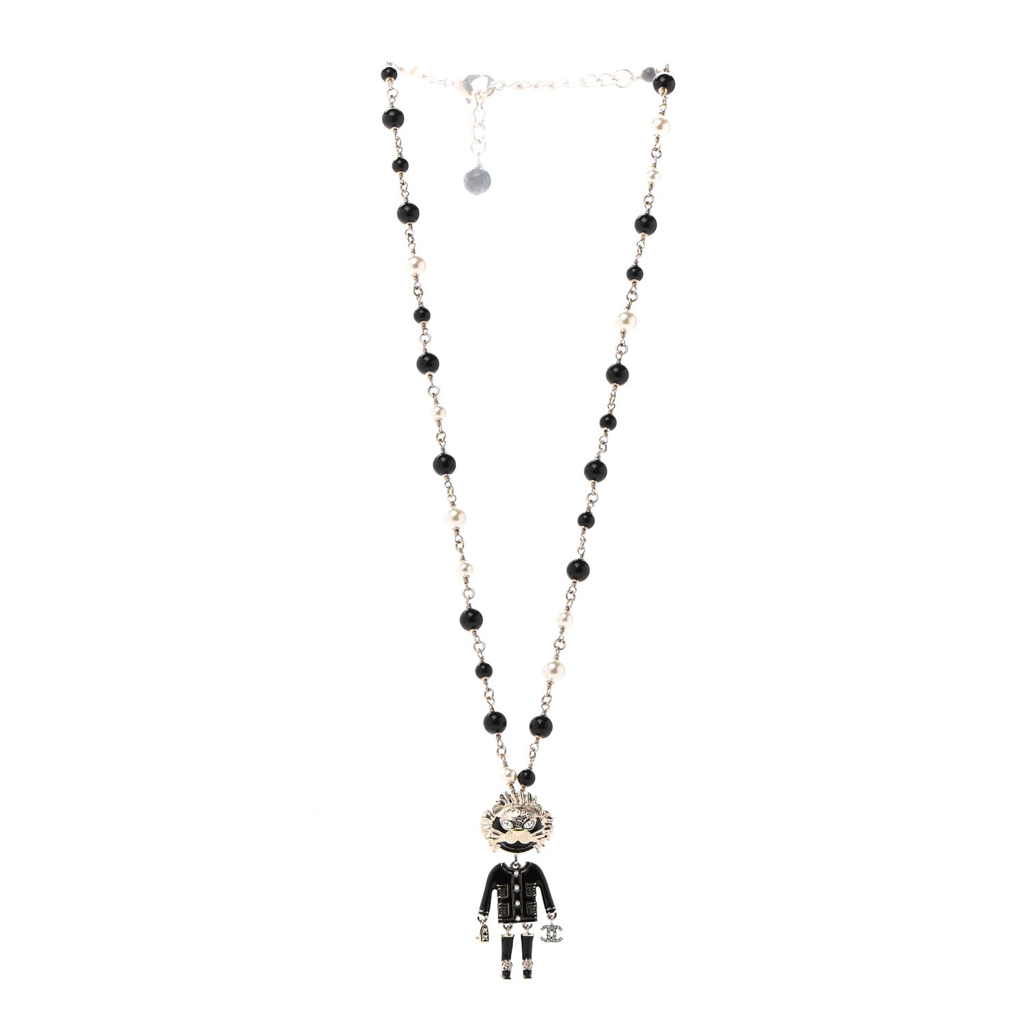 Chanel Gripoix Poured Glass Crystal Bead Pearl CC Lion Pendant Necklace Black Gold 3 of 6