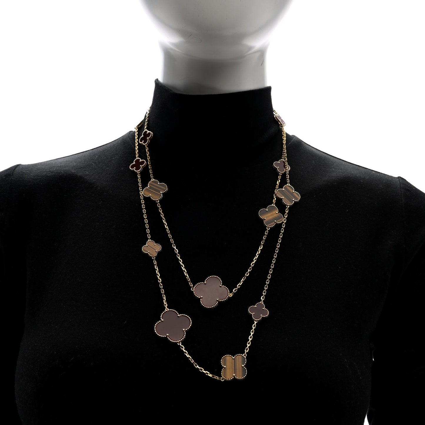 18K Yellow Gold Tiger Eye Carnelian 16 Motifs Magic Alhambra Necklace