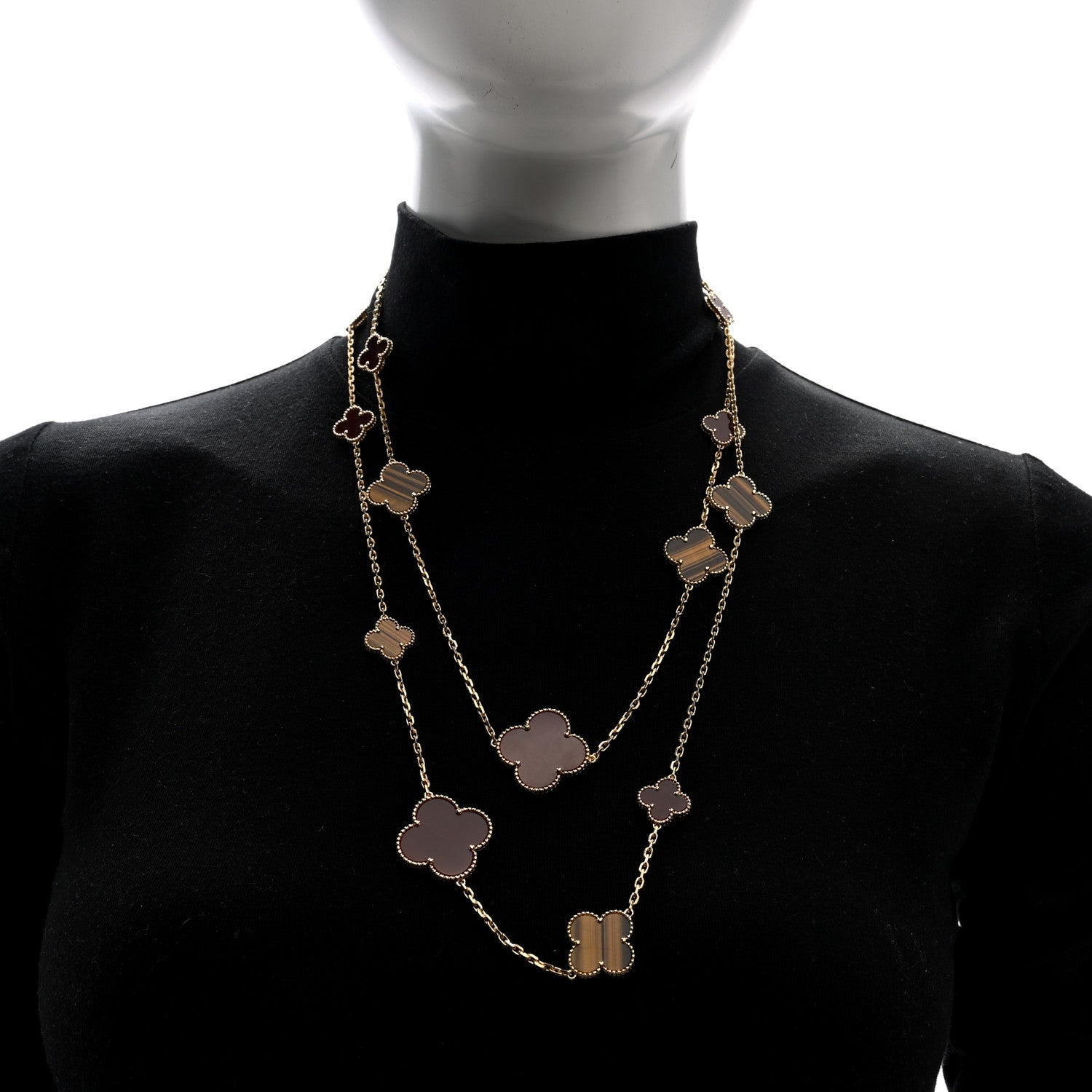 Van Cleef & Arpels 18K Yellow Gold Tiger Eye Carnelian 16 Motifs Magic Alhambra Necklace 4 of 10