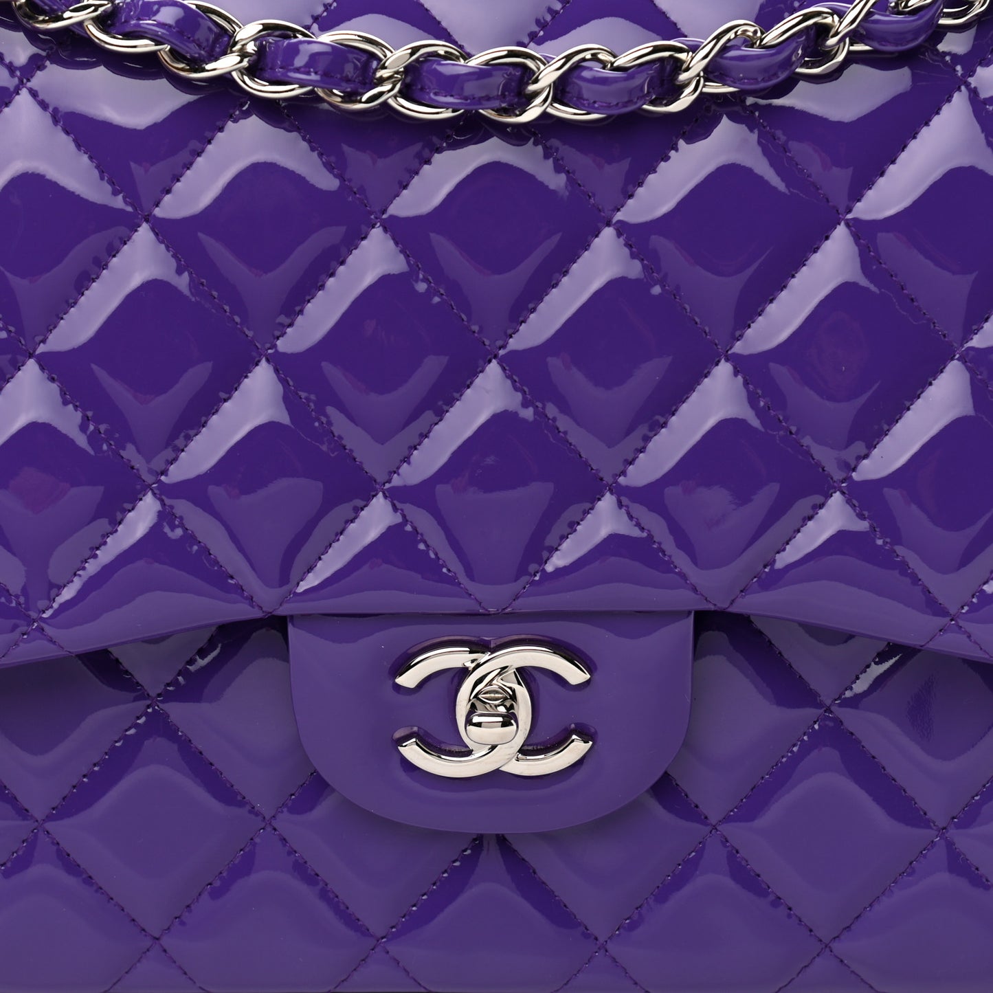Patent Calfskin Quilted Jumbo Double Flap Purple