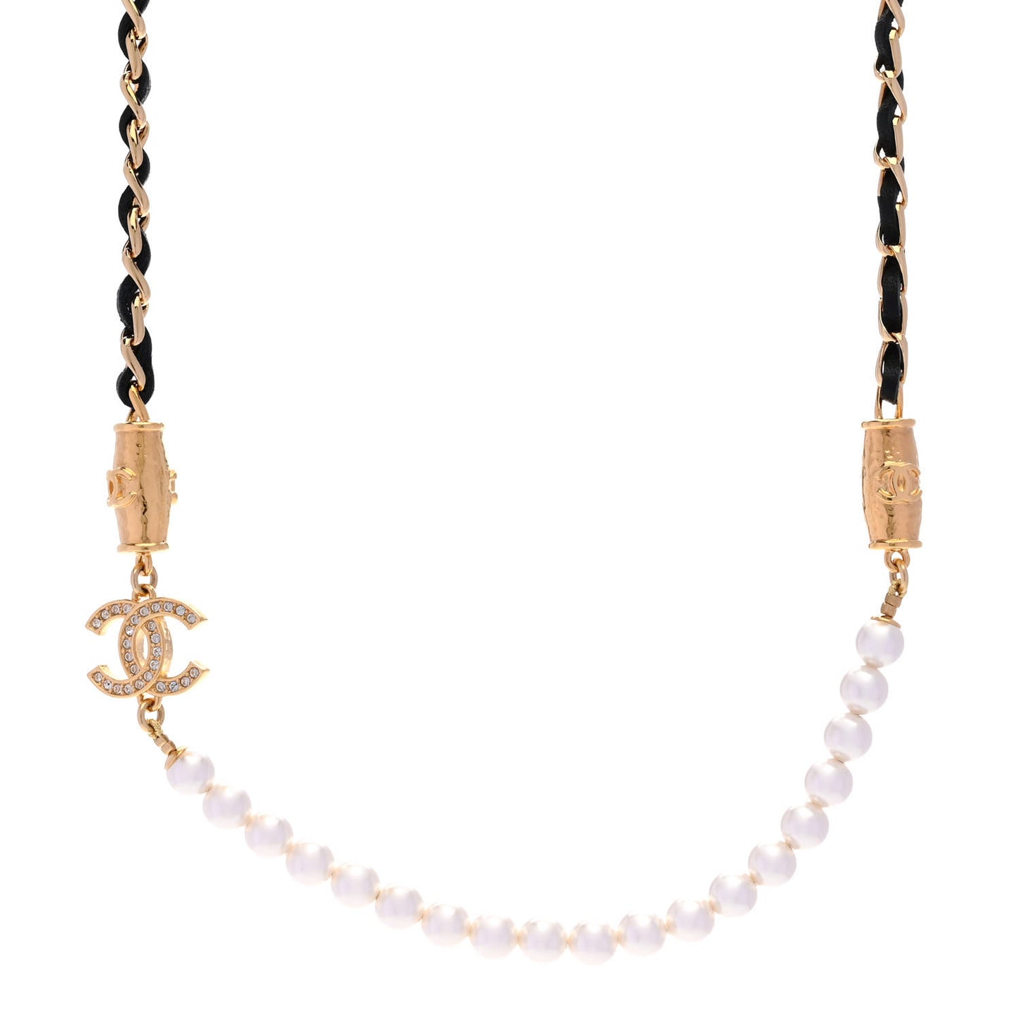 Pearl Crystal Lambskin CC Necklace Gold Black