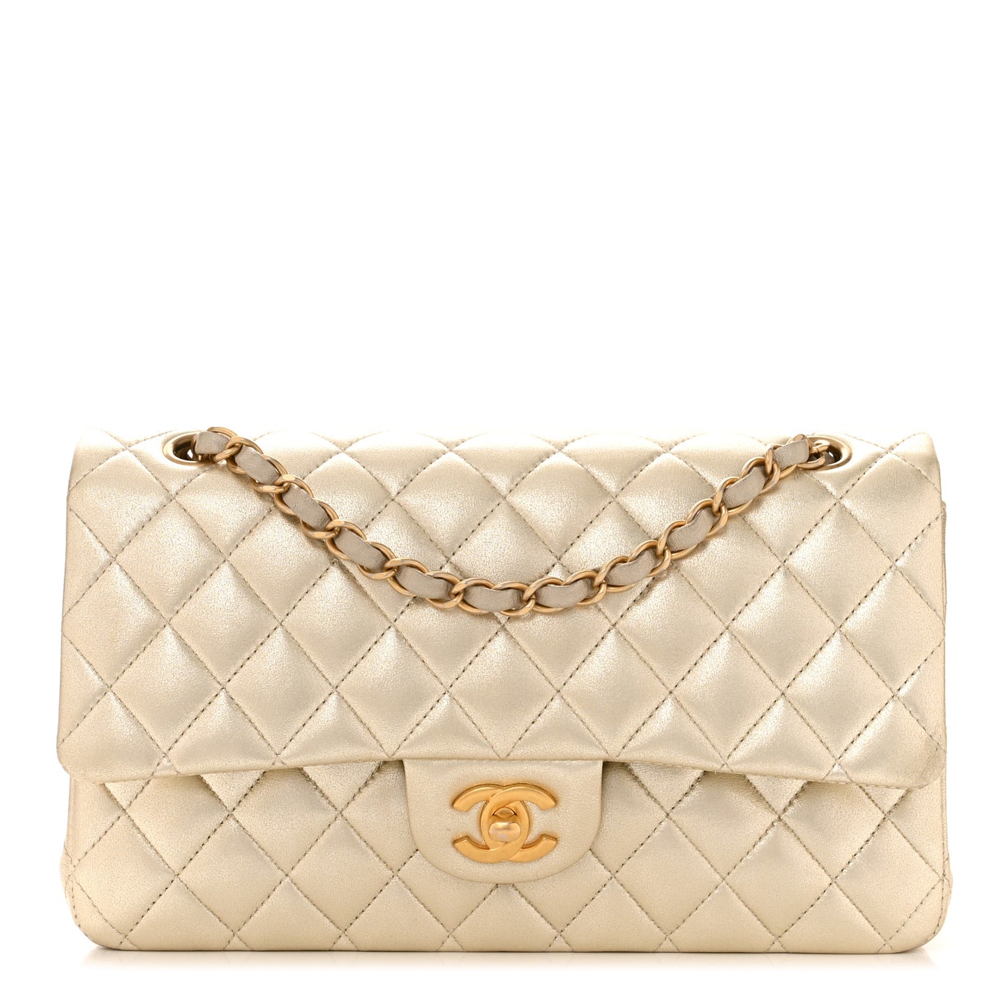 Metallic Lambskin Quilted Medium Double Flap Gold