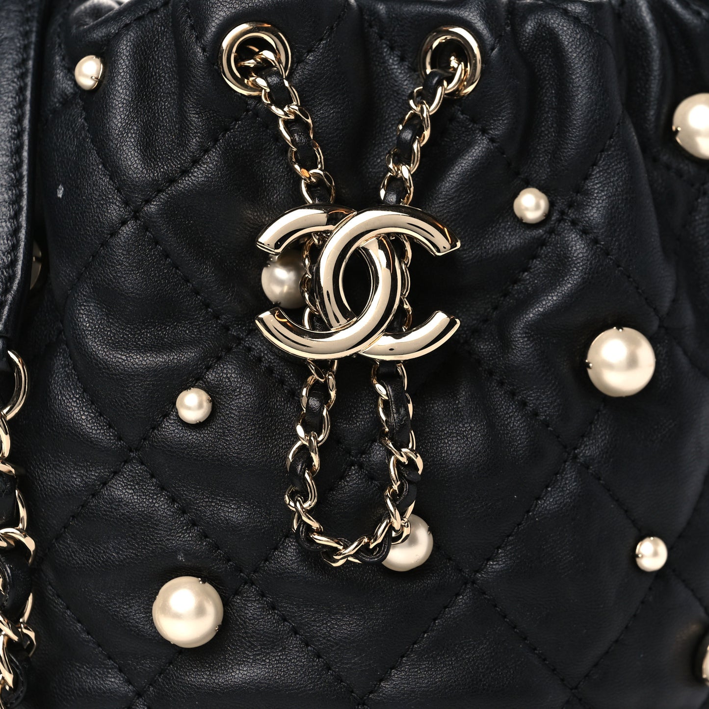 Lambskin Quilted Pearl About Pearls Drawstring Bag Black