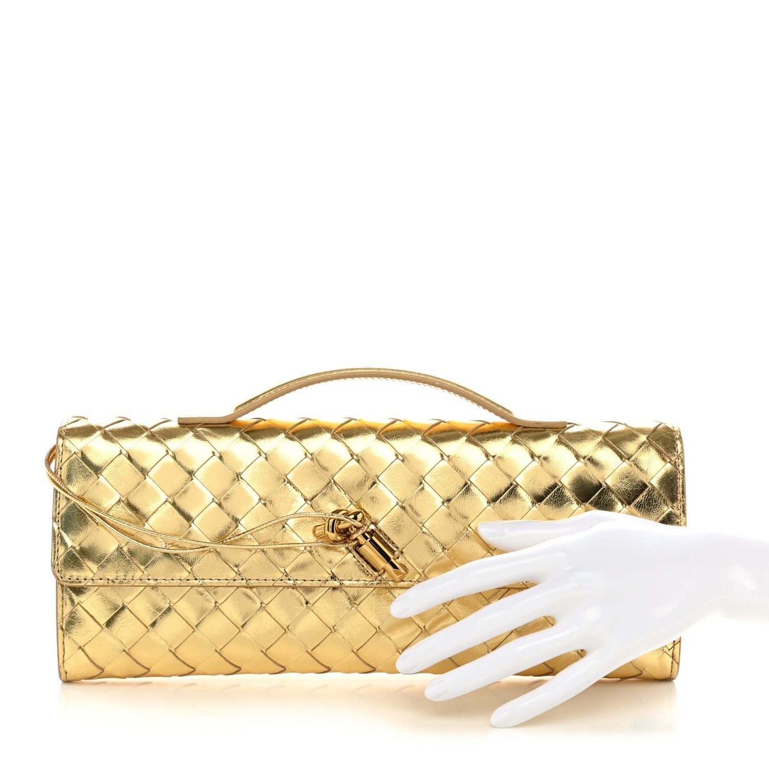 Bottega Veneta Metallic Lambskin Intrecciato Long Andiamo Top Handle Clutch Gold 2 of 11