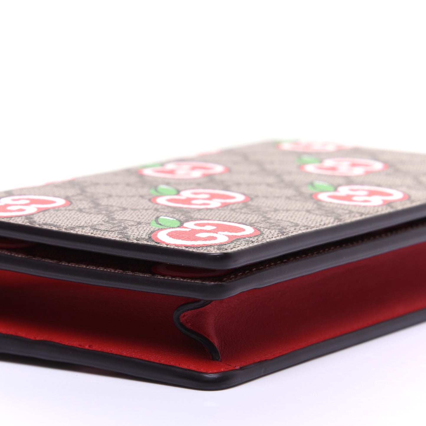 GG Supreme Monogram Apple Chain Wallet Beige Multicolor Lobster Red