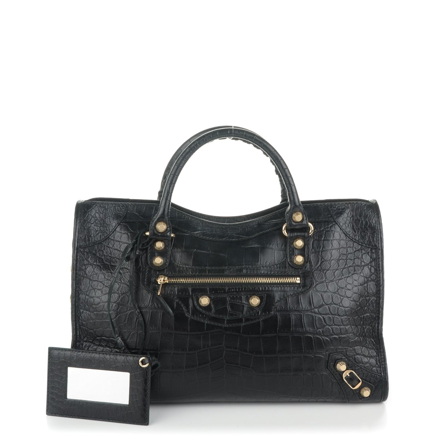Calfskin Crocodile Embossed Giant 12 Gold Hardware City Black