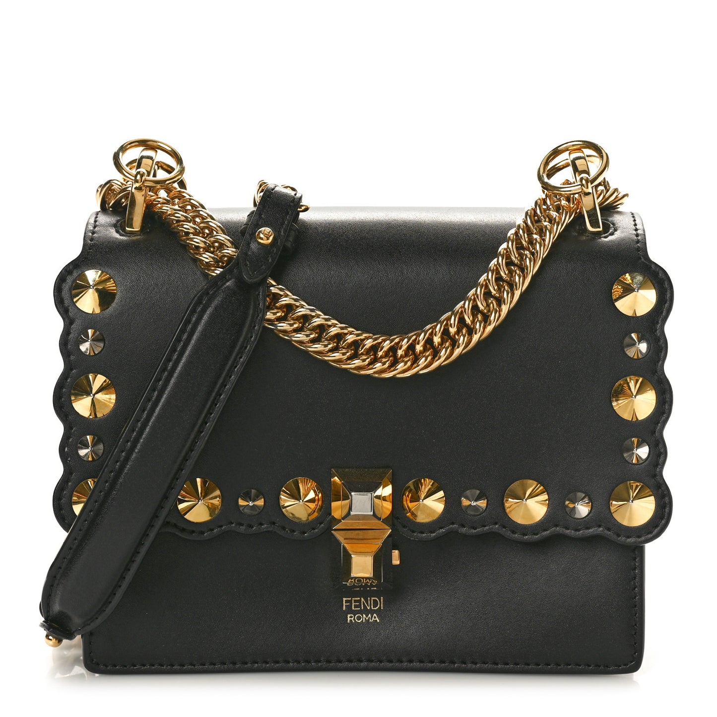 Vitello Liberty Metal Scalloped Multi Studded Small Kan I Shoulder Bag Black