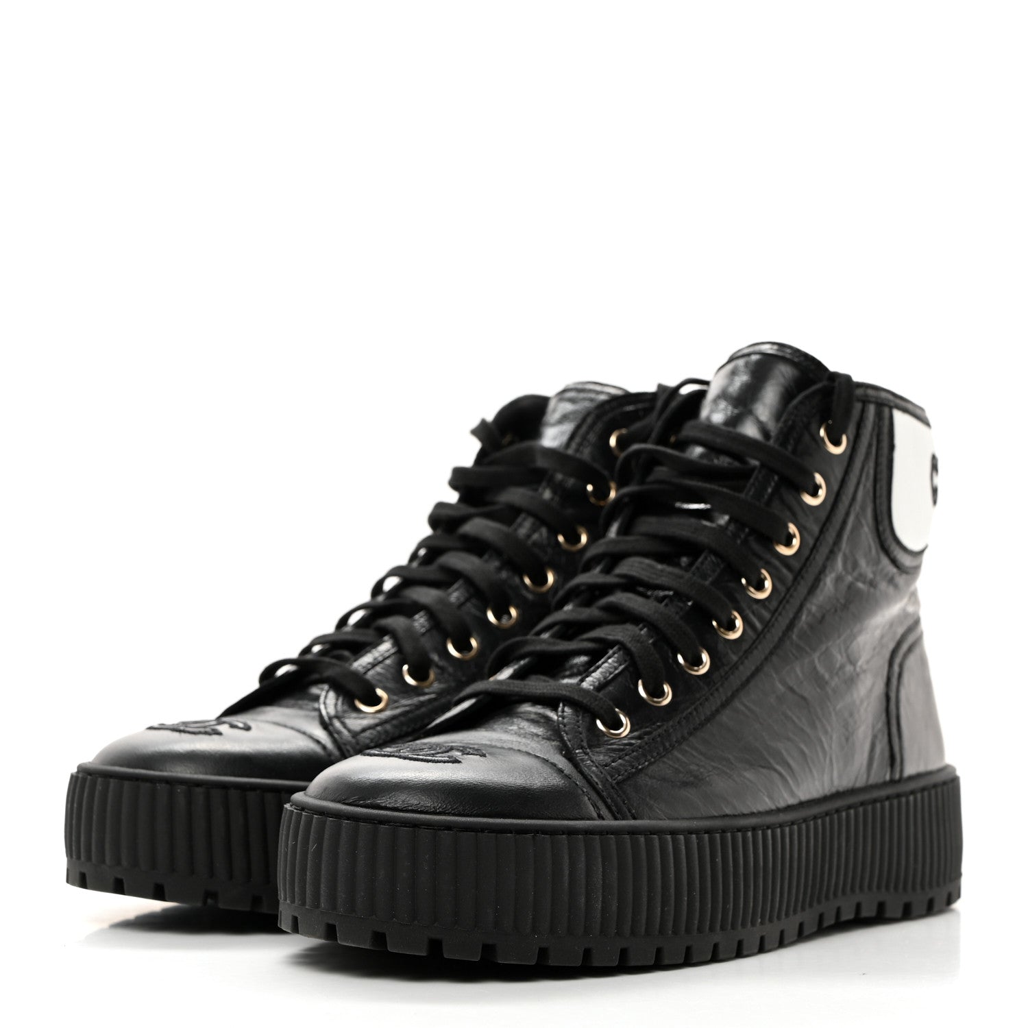 Chanel Aged Calfskin Lace Up Cap Toe Sneakers 38.5 Black White 3 of 9