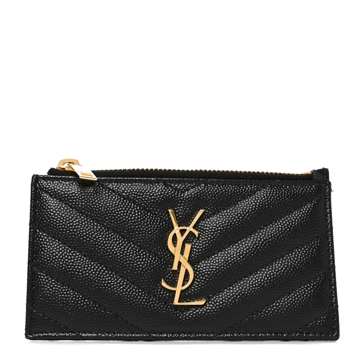 Saint Laurent Grain De Poudre Matelasse Chevron Monogram Fragments Zippered Card Case Black 1 of 6