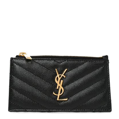 Saint Laurent Grain De Poudre Matelasse Chevron Monogram Fragments Zippered Card Case Black 1 of 6