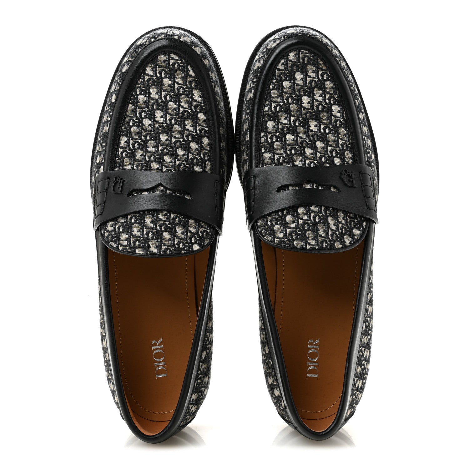 Christian Dior Calfskin Oblique Jacquard Mens Dior Granville Loafers 44 Black Beige 2 of 10