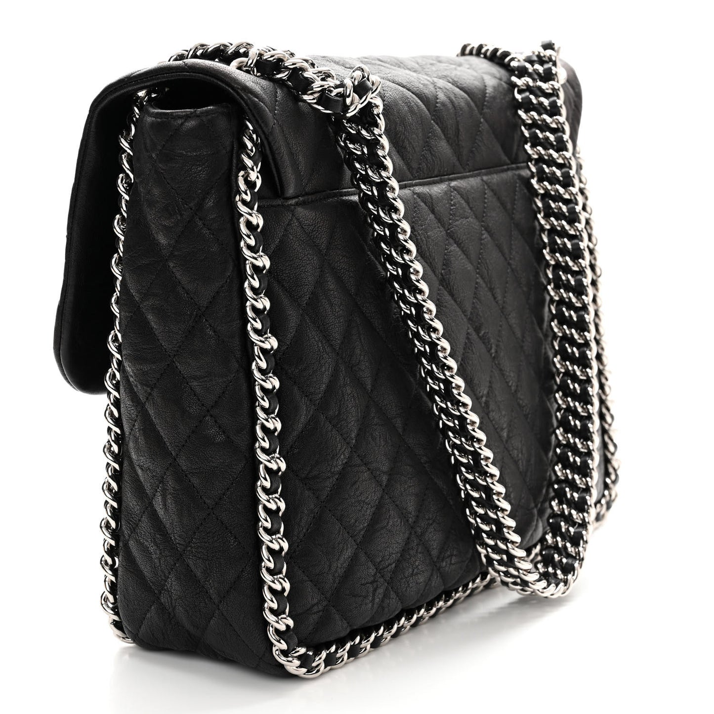Washed Lambskin Quilted Maxi Chain Around Flap Black