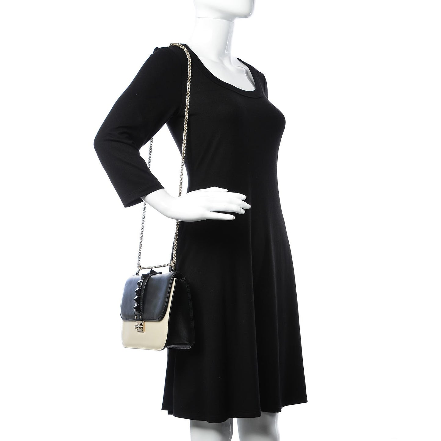 Vitello Medium Glam Lock Rockstud Flap Black Light Ivory