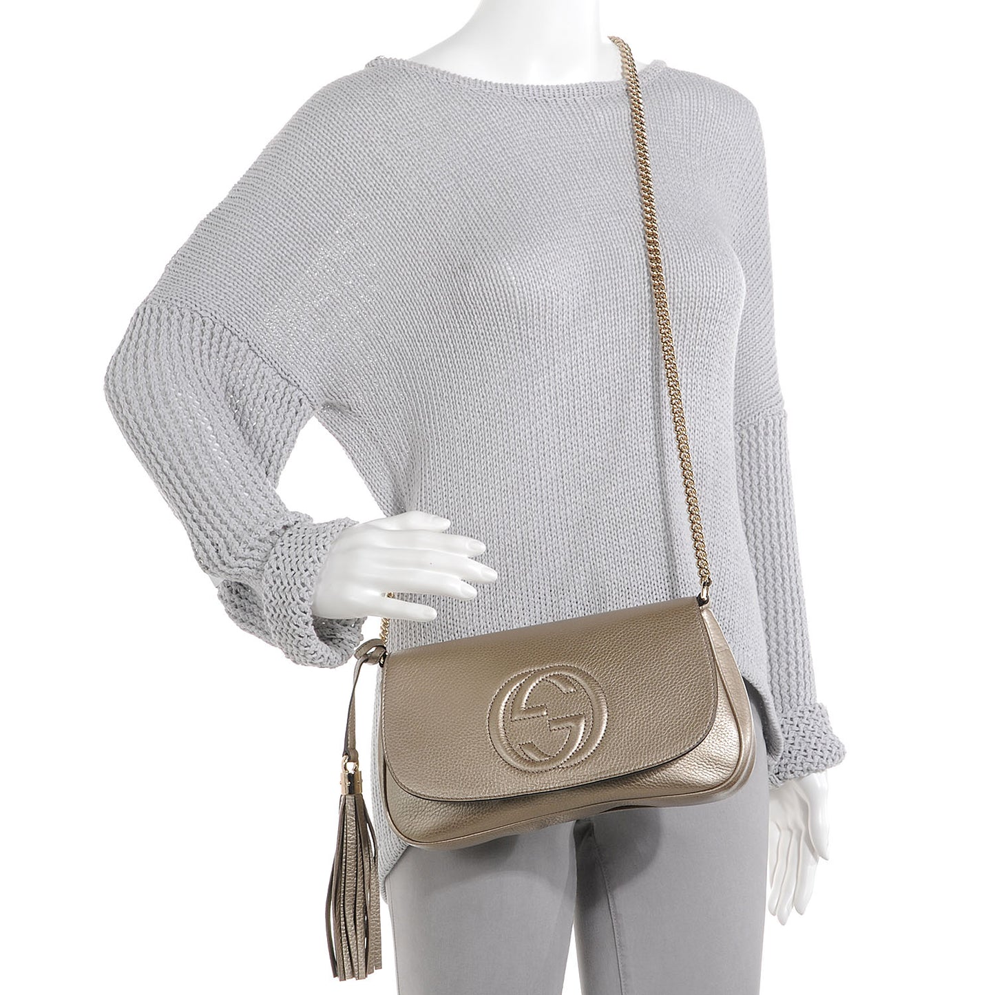 Metallic Pebbled Calfskin Medium Soho Flap Crossbody Golden Beige