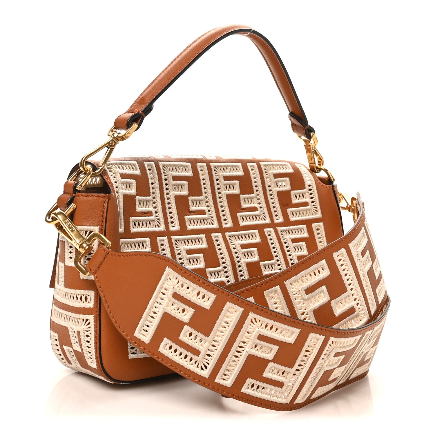 【美品】FENDI エナメルパンプス 38 キャメル 箱付 イタリア製 Fendi Vitello Seta FF Ajour Embroidered Baguette Brandy 1887737