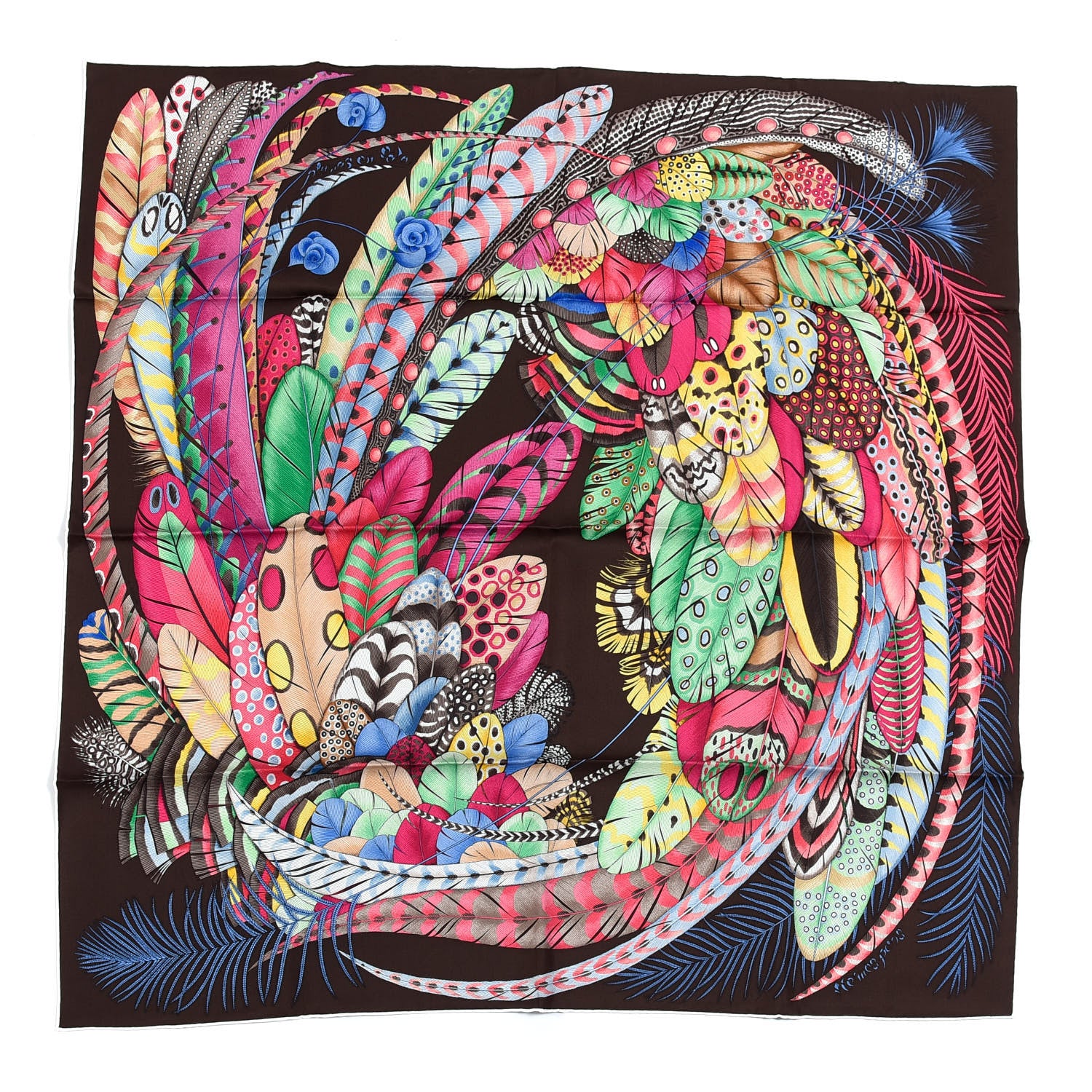 Hermes Silk Plumes En Fete Scarf 90 Marron Rose Vif Vert 1 of 6