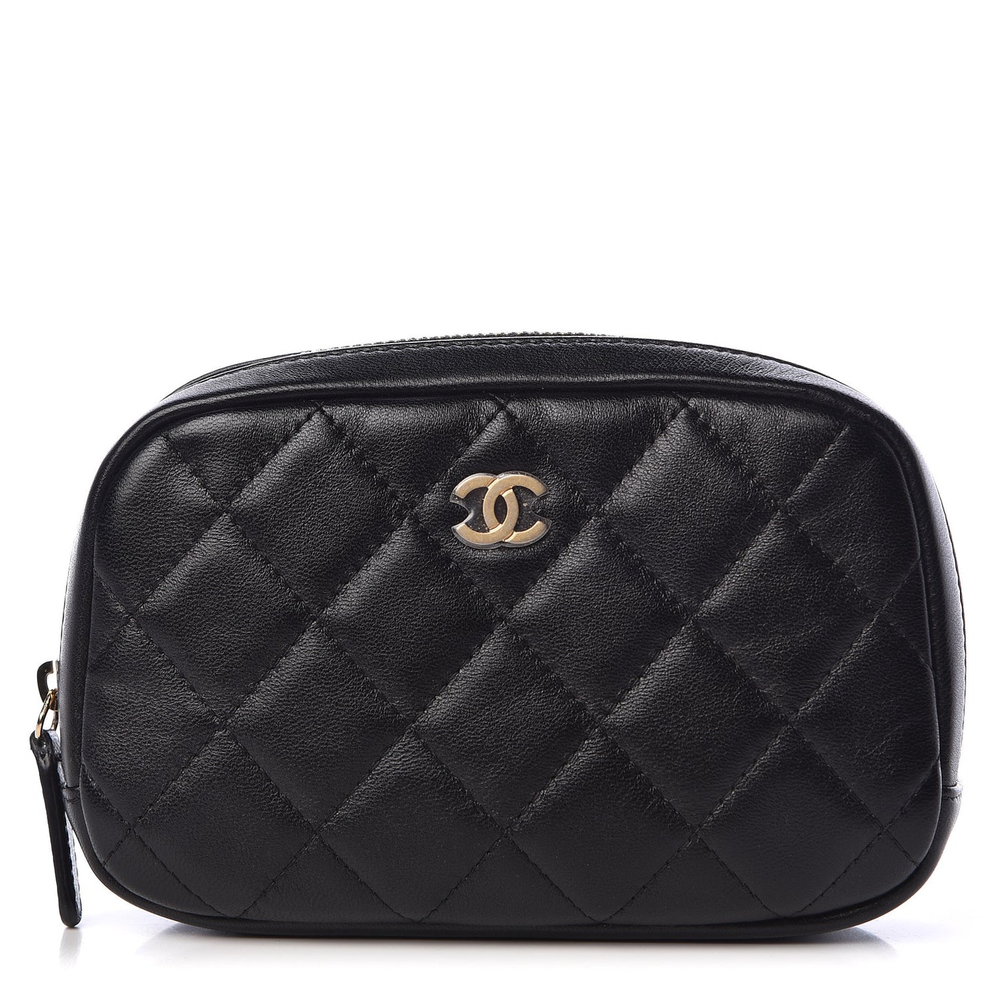 Lambskin Quilted Small Curvy Pouch Cosmetic Case Black