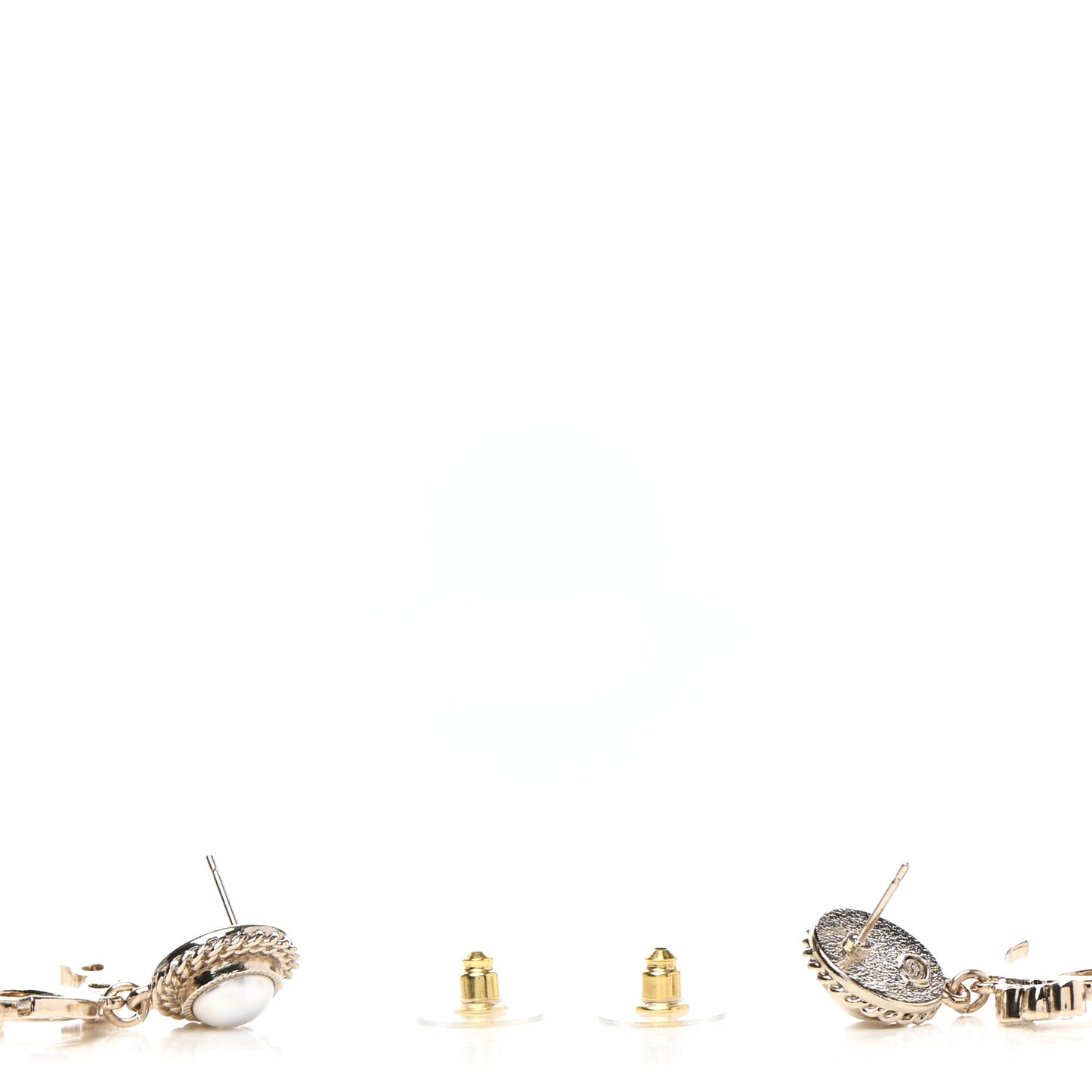 Metal Pearl Crystal Coco Script CC Drop Earrings Gold