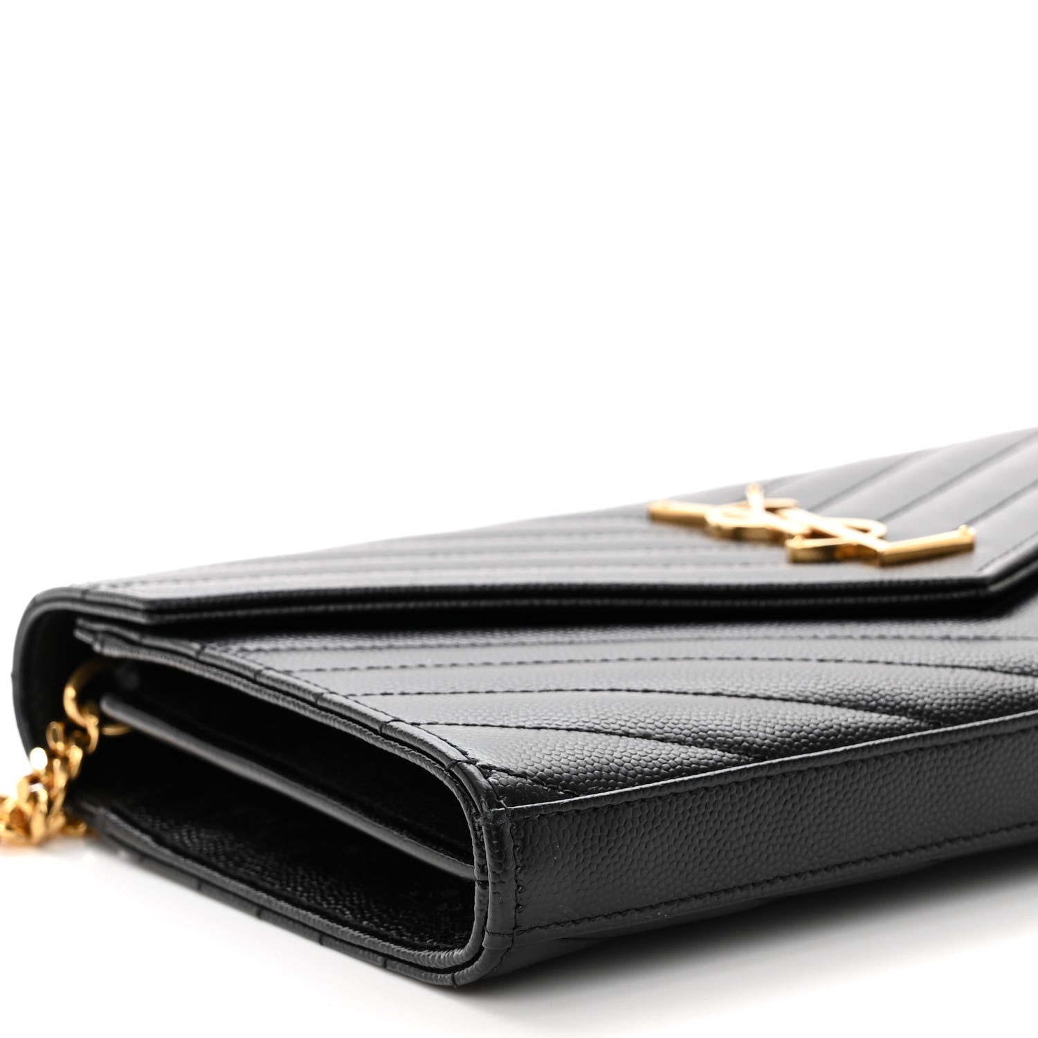 Saint Laurent Grain De Poudre Matelasse Chevron Monogram Chain Wallet Black 8 of 9