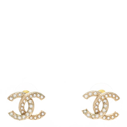 Chanel Pearl Crystal CC Stud Earrings Gold 1 of 5