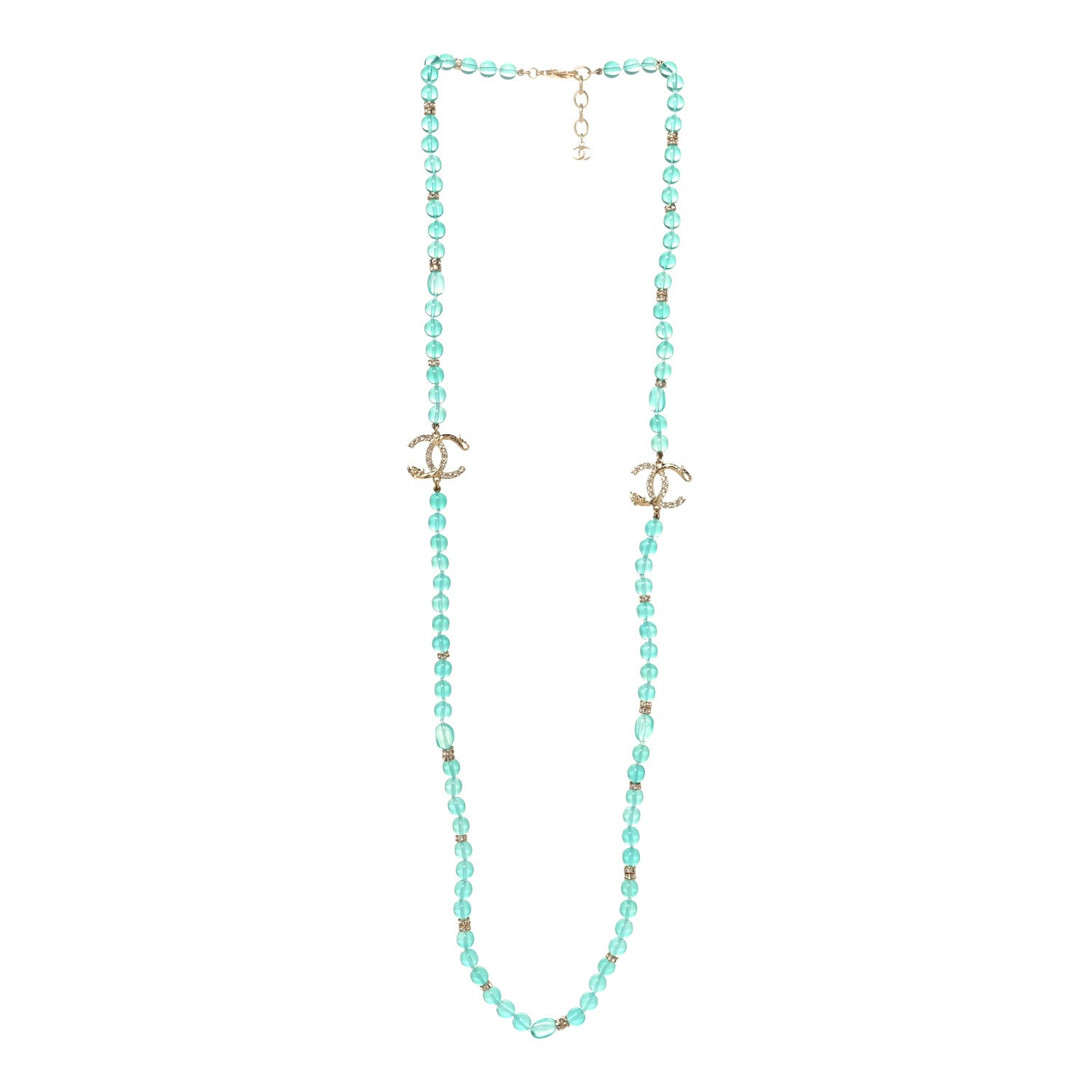 Chanel Crystal Stone CC Long Necklace Blue Gold 3 of 5