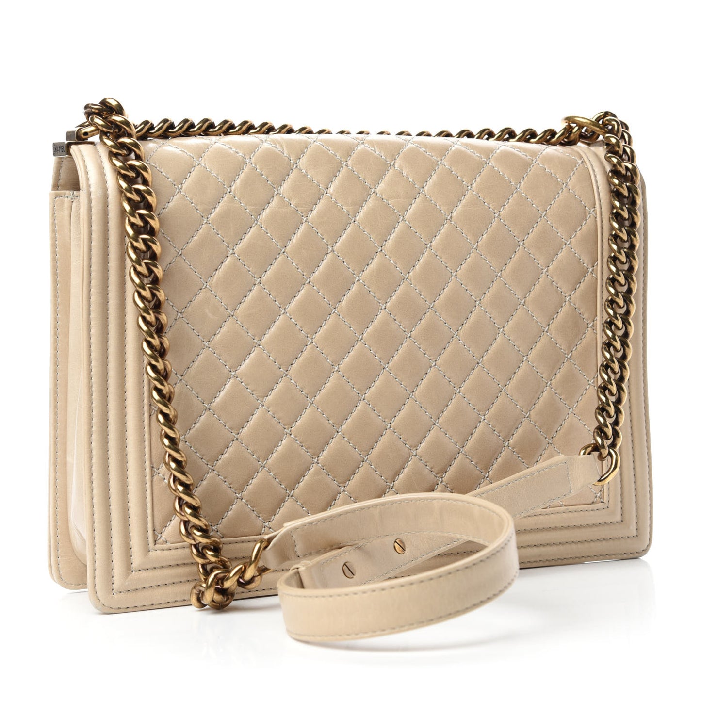Glazed Calfskin Quilted Large Boy Flap Beige