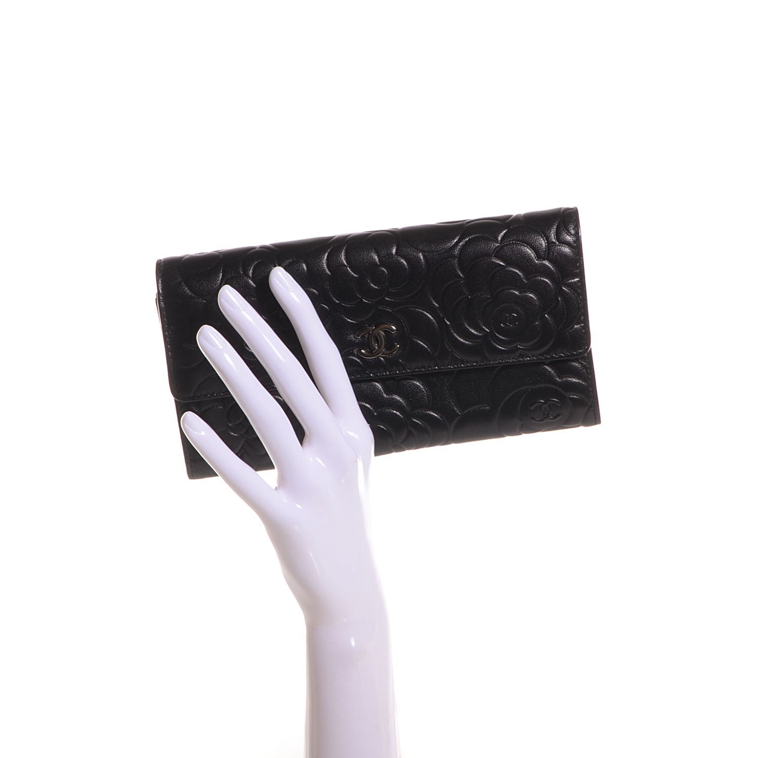 Chanel Lambskin Embossed Camellia Large Gusset Flap Wallet Black 2 of 9