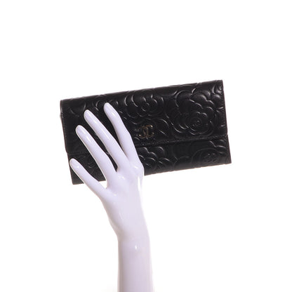 Chanel Lambskin Embossed Camellia Large Gusset Flap Wallet Black 2 of 9