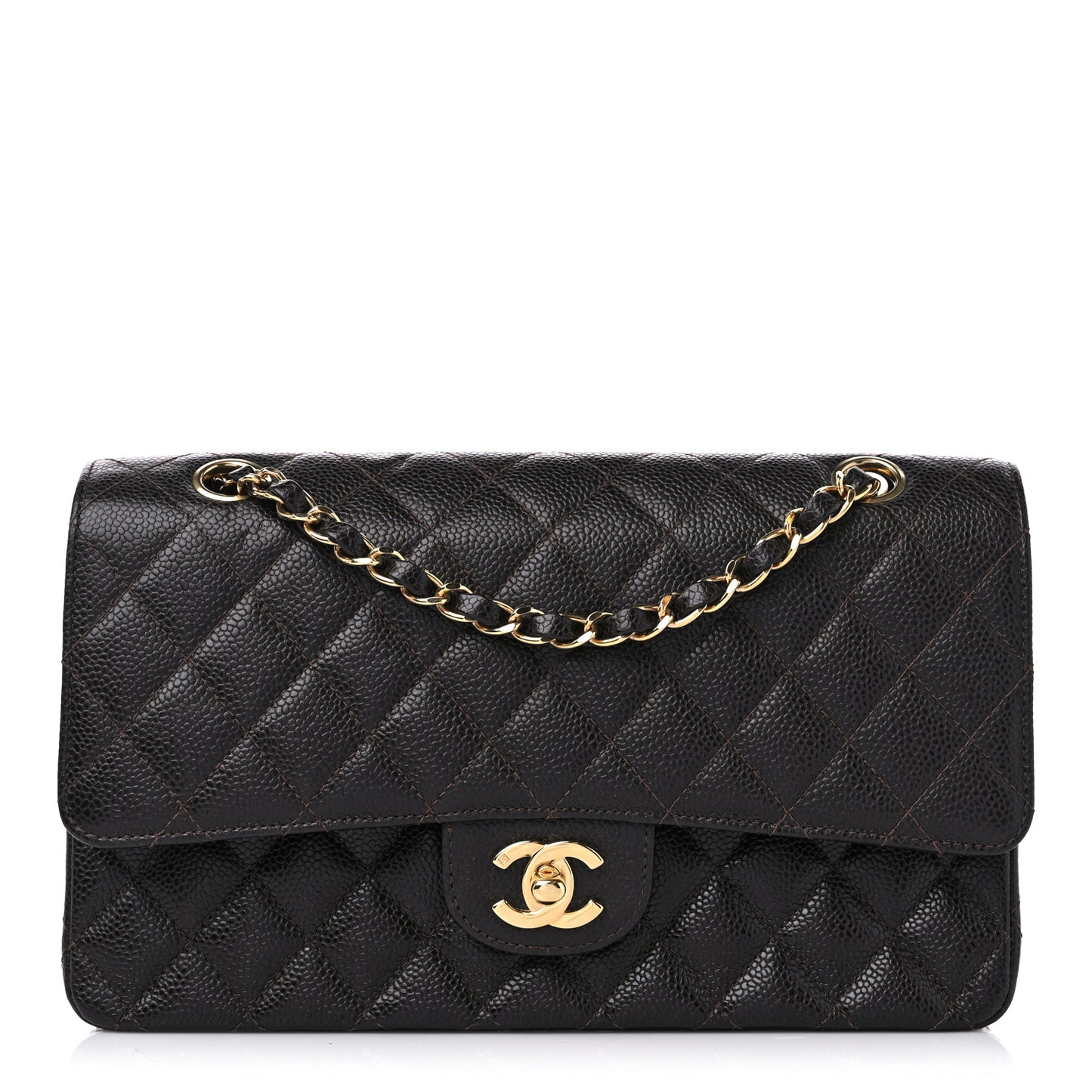 Caviar Quilted Medium Double Flap Dark Brown