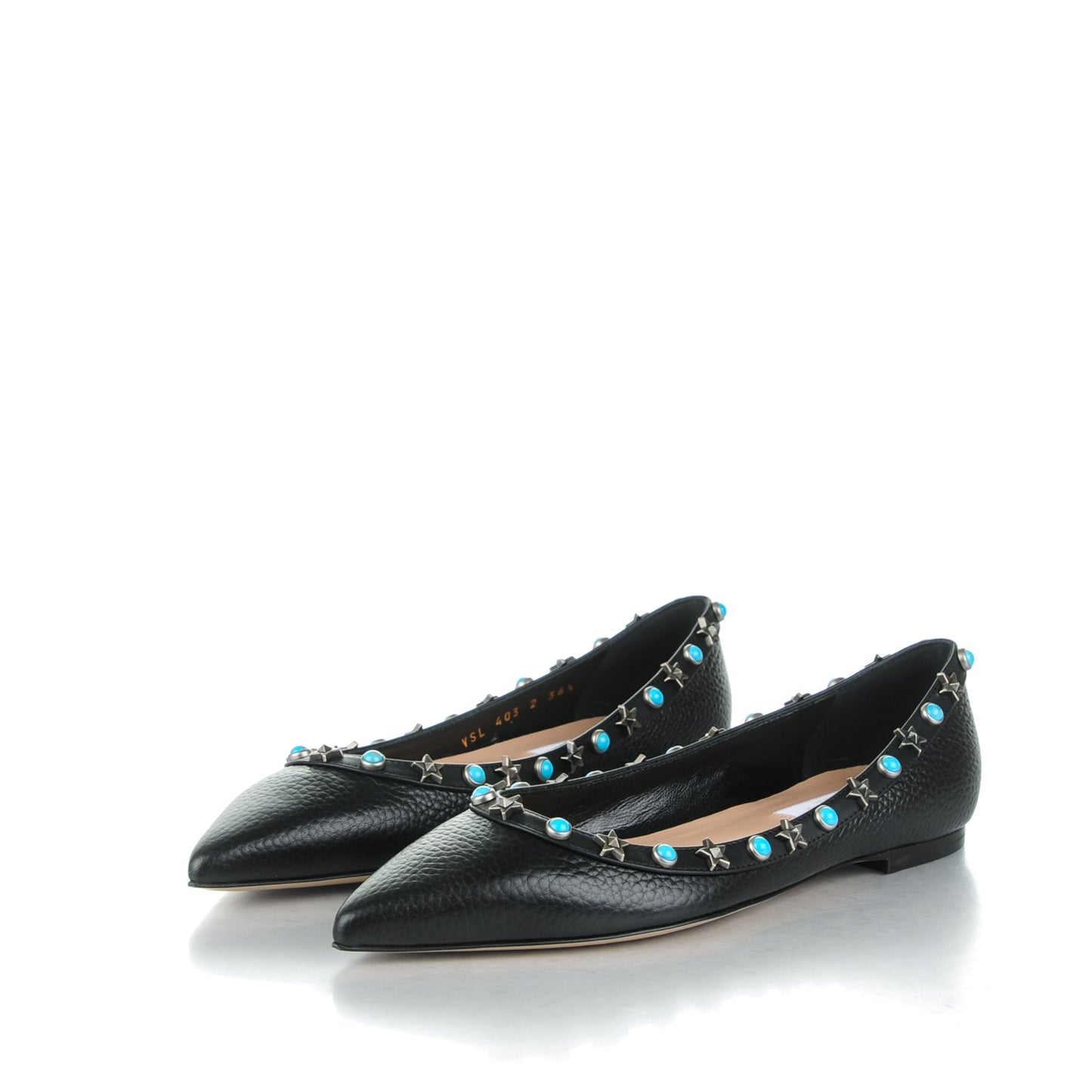 Pebbled Calfskin Rockstud Rolling Ballerina Flats 36.5 Black