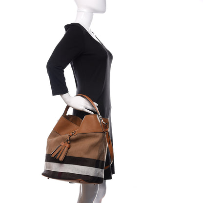 Burberry Grainy Calfskin Canvas Mega Check Medium Ashby Tassel Hobo Saddle Brown 3 of 11