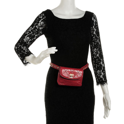 Chanel Lambskin Diamond Stitched Waist Chain Belt Flap Bag Red 2 of 8