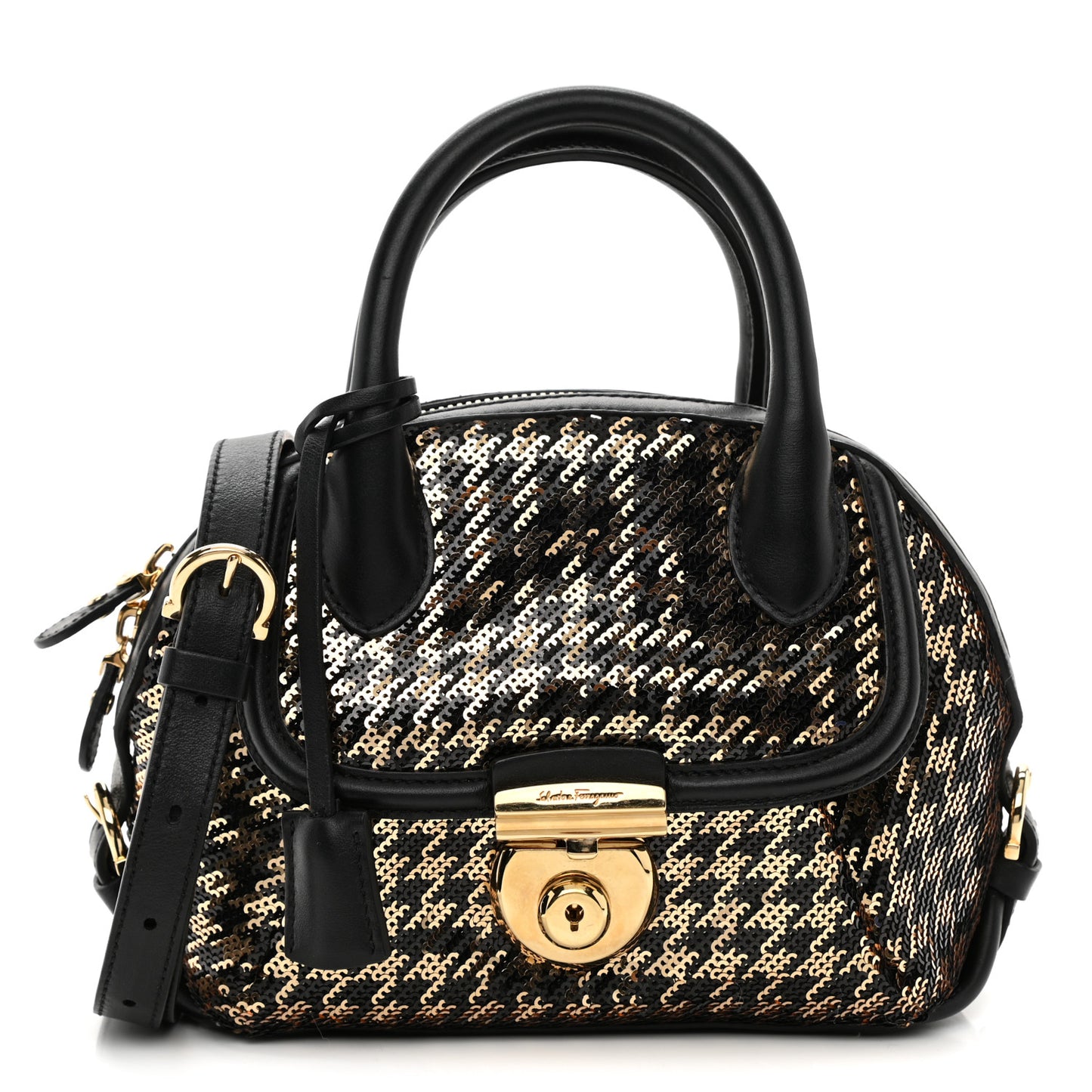 Calfskin Sequin Small Fiamma Bag Black Gold