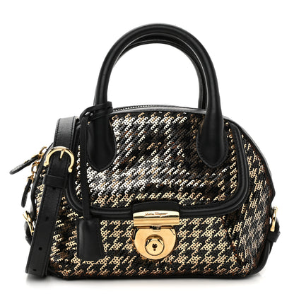 Salvatore Ferragamo Calfskin Sequin Small Fiamma Bag Black Gold 1 of 11