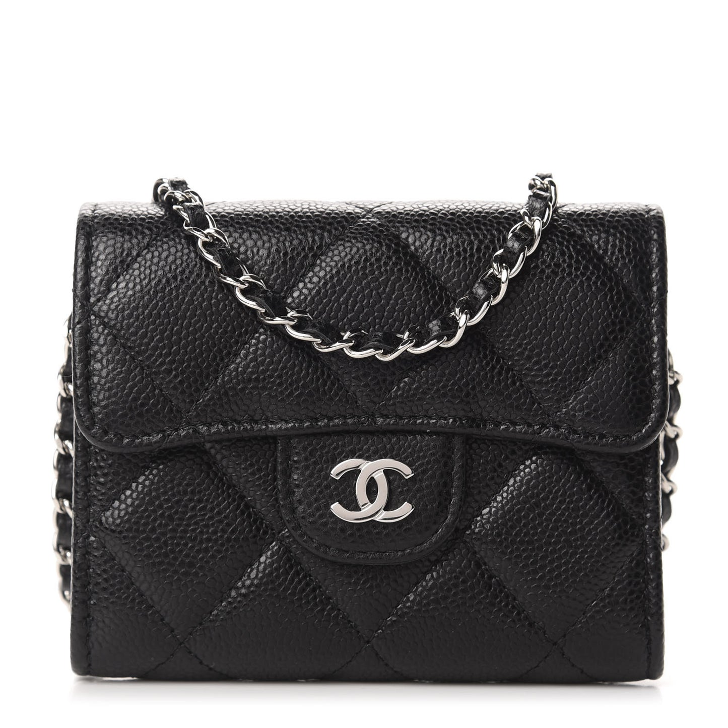 Caviar Quilted Flap Card Holder On Chain Black