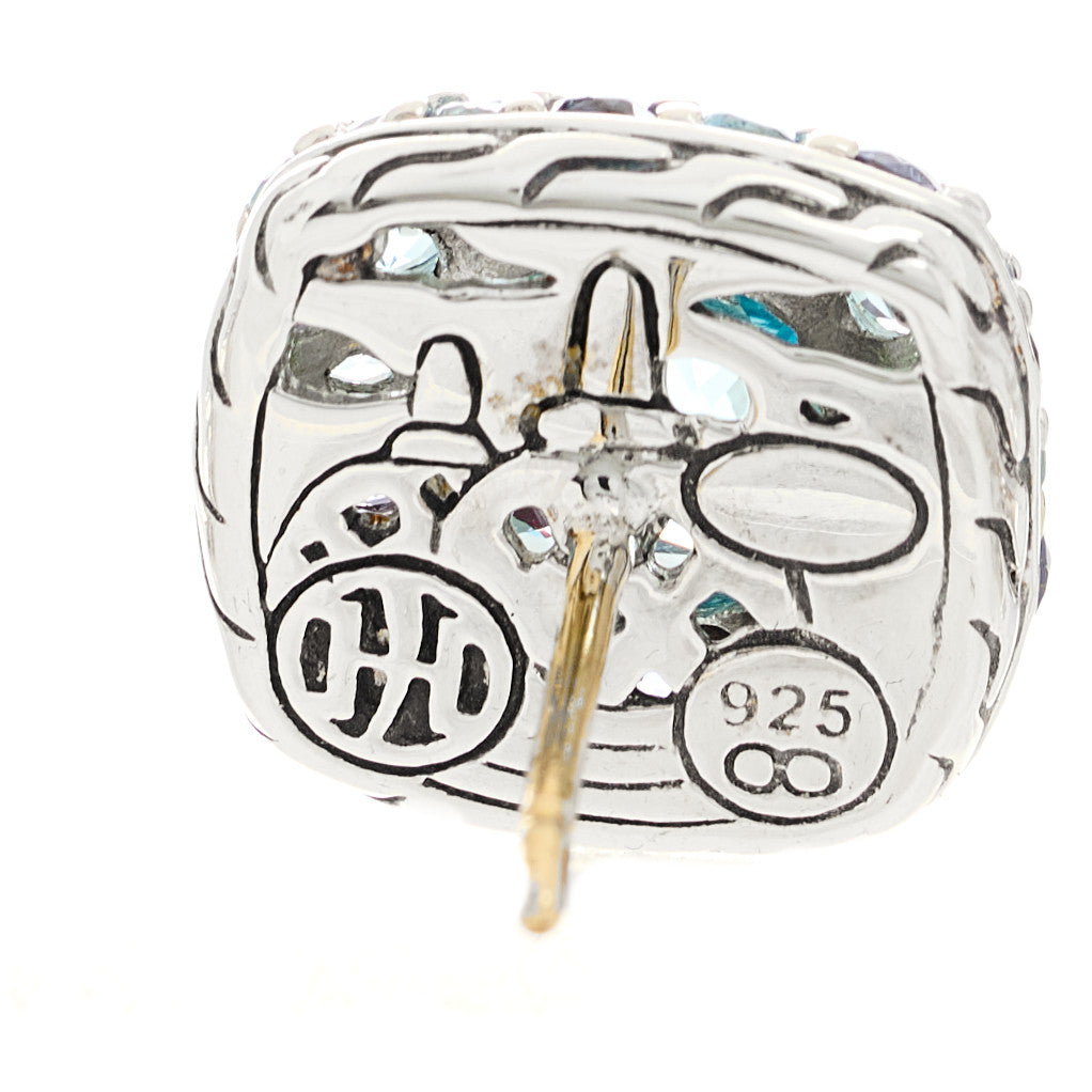 Sterling Silver Blue Topaz Aquamarine Iolite Batu Kali Square Earrings