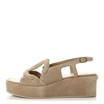 Chanel Suede Calfskin Platform CC Sandals 37.5 Dark Beige 1 of 10