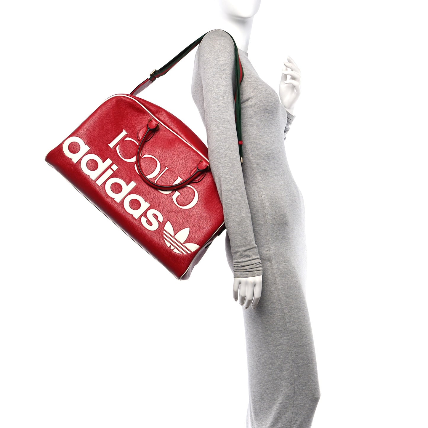 X ADIDAS Textured Dollar Calfskin Web Trefoil Large Bowling Bag Hibiscus Red  Off White