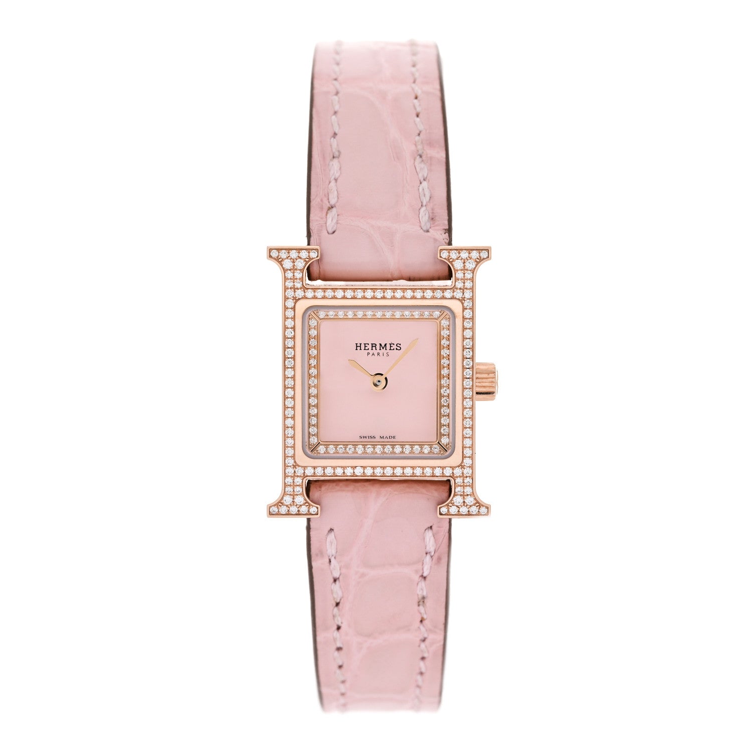Hermes 18K Rose Gold Alligator Diamond Bezel Rose Opal 17.2mm