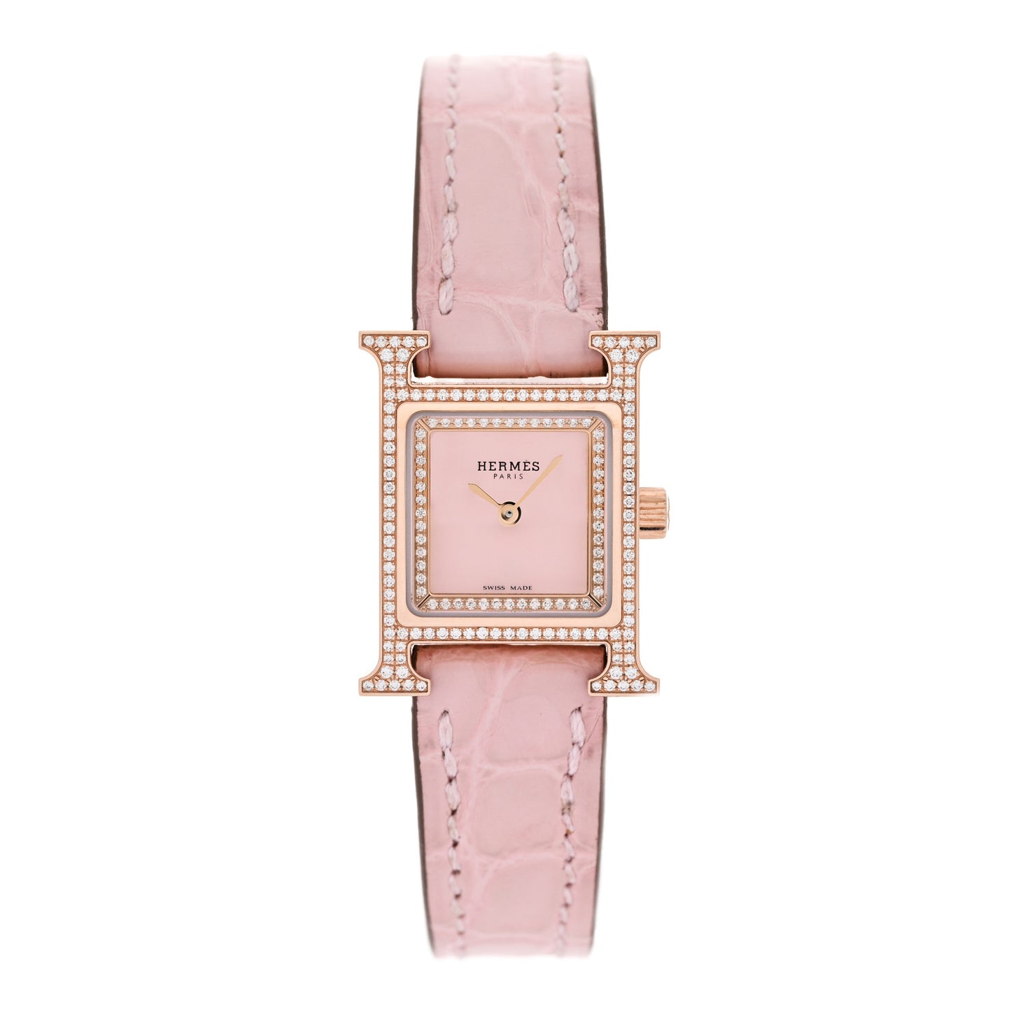 18K Rose Gold Alligator Diamond Bezel Rose Opal 17.2mm Heure H Hour Quartz Watch Rose Pale
