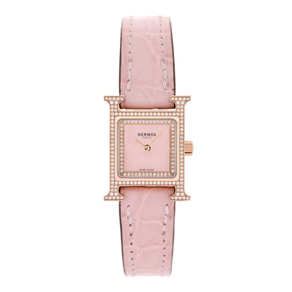Hermes 18K Rose Gold Alligator Diamond Bezel Rose Opal 17.2mm Heure H Hour Quartz Watch Rose Pale 1 of 5