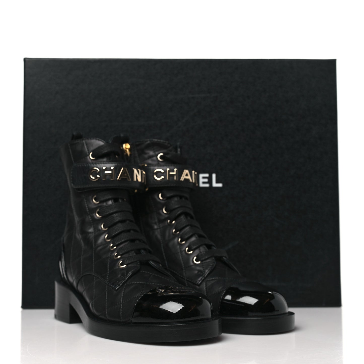 Lambskin Patent Calfskin Quilted Logo Lace Up Combat Boots 36 Black