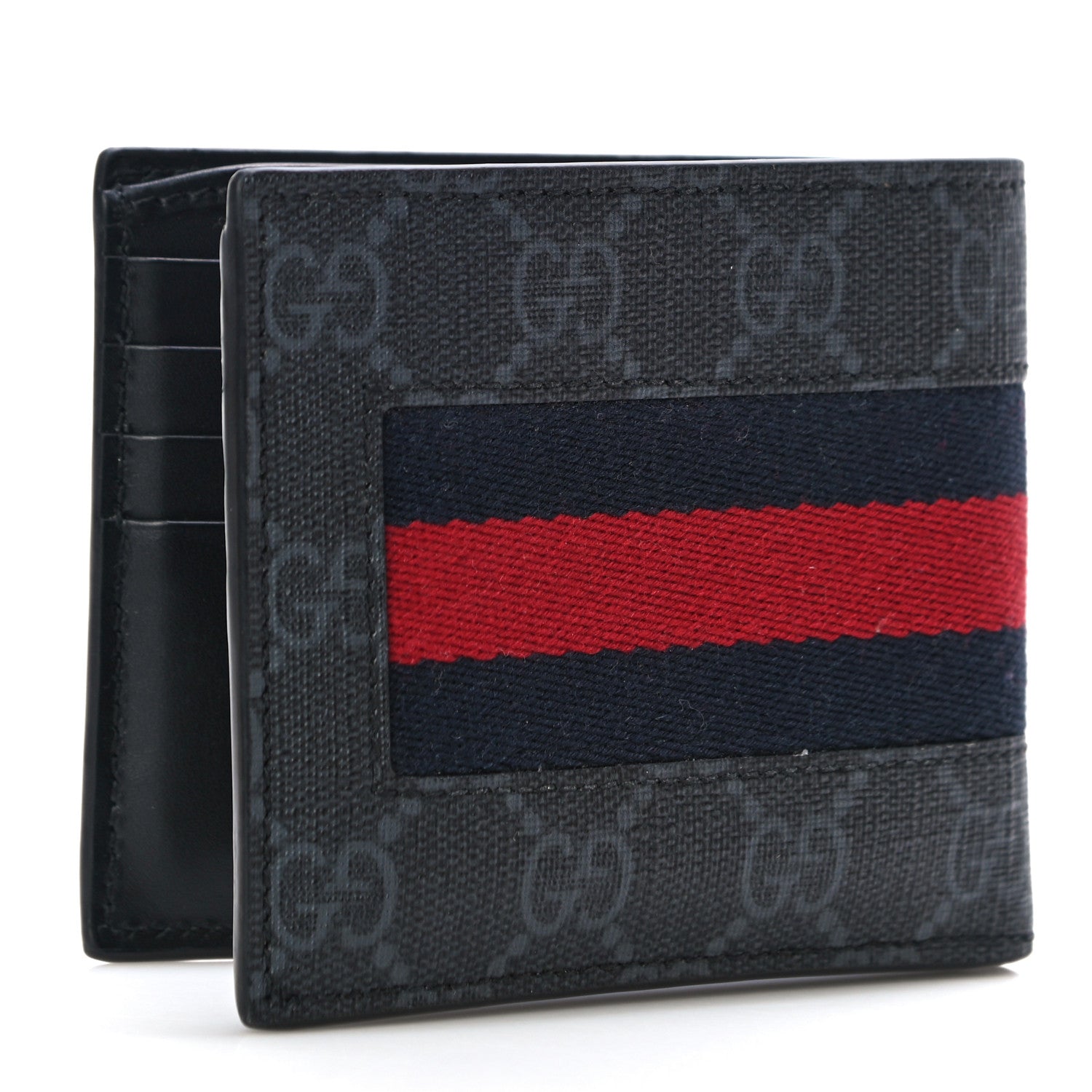 Gucci GG Supreme Monogram Selleria Calfskin Web New Web Bi-Fold Wallet Black 3 of 10