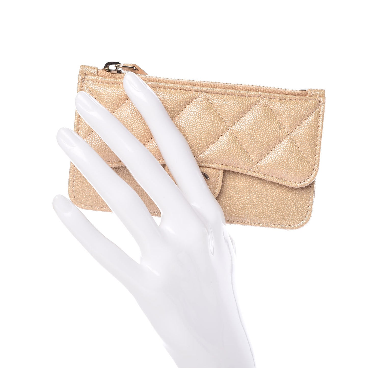 Iridescent Caviar Quilted Flap Zip Card Holder Beige