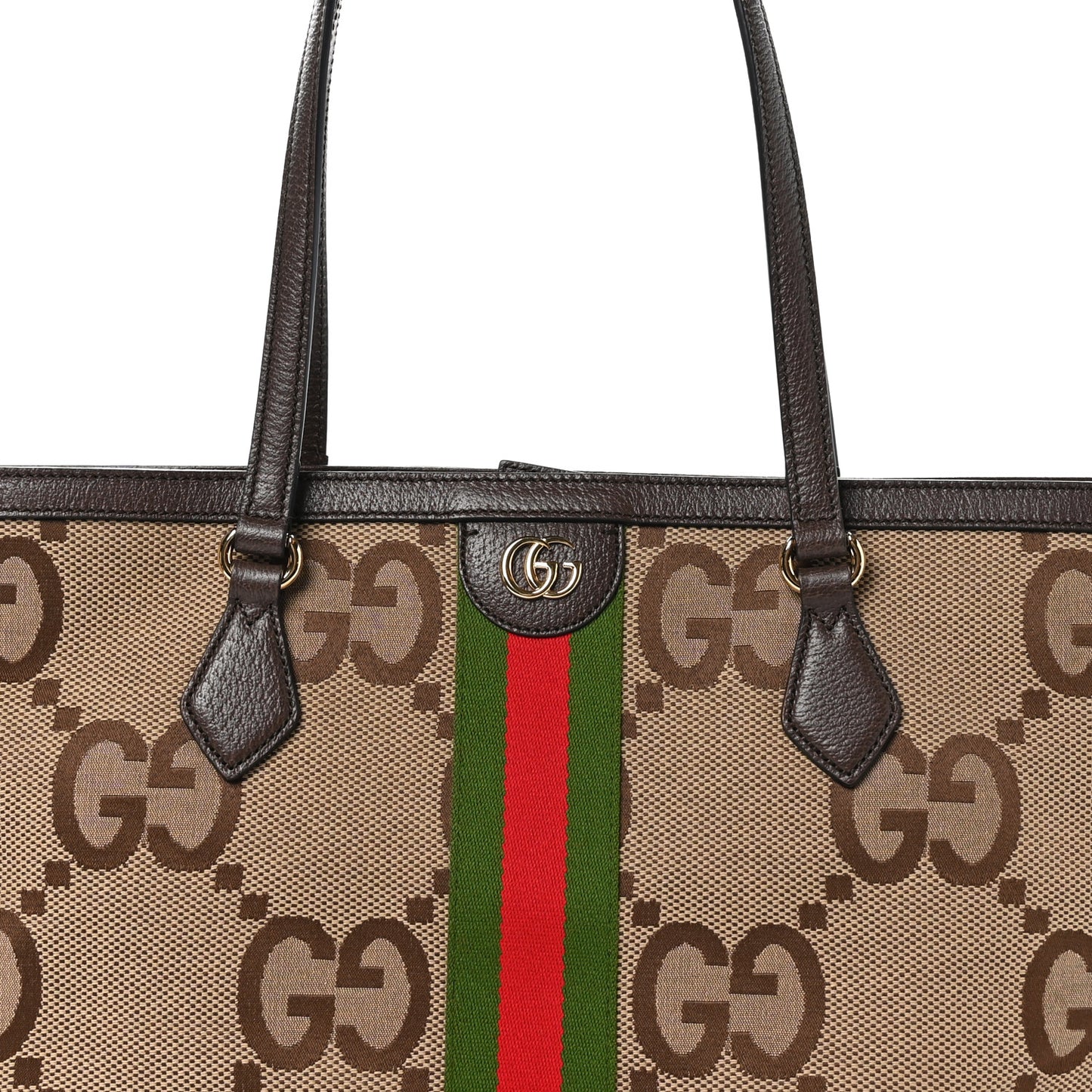Monogram Jumbo GG Textured Dollar Calfskin Web Medium Ophidia Shopping Tote Camel Ebony