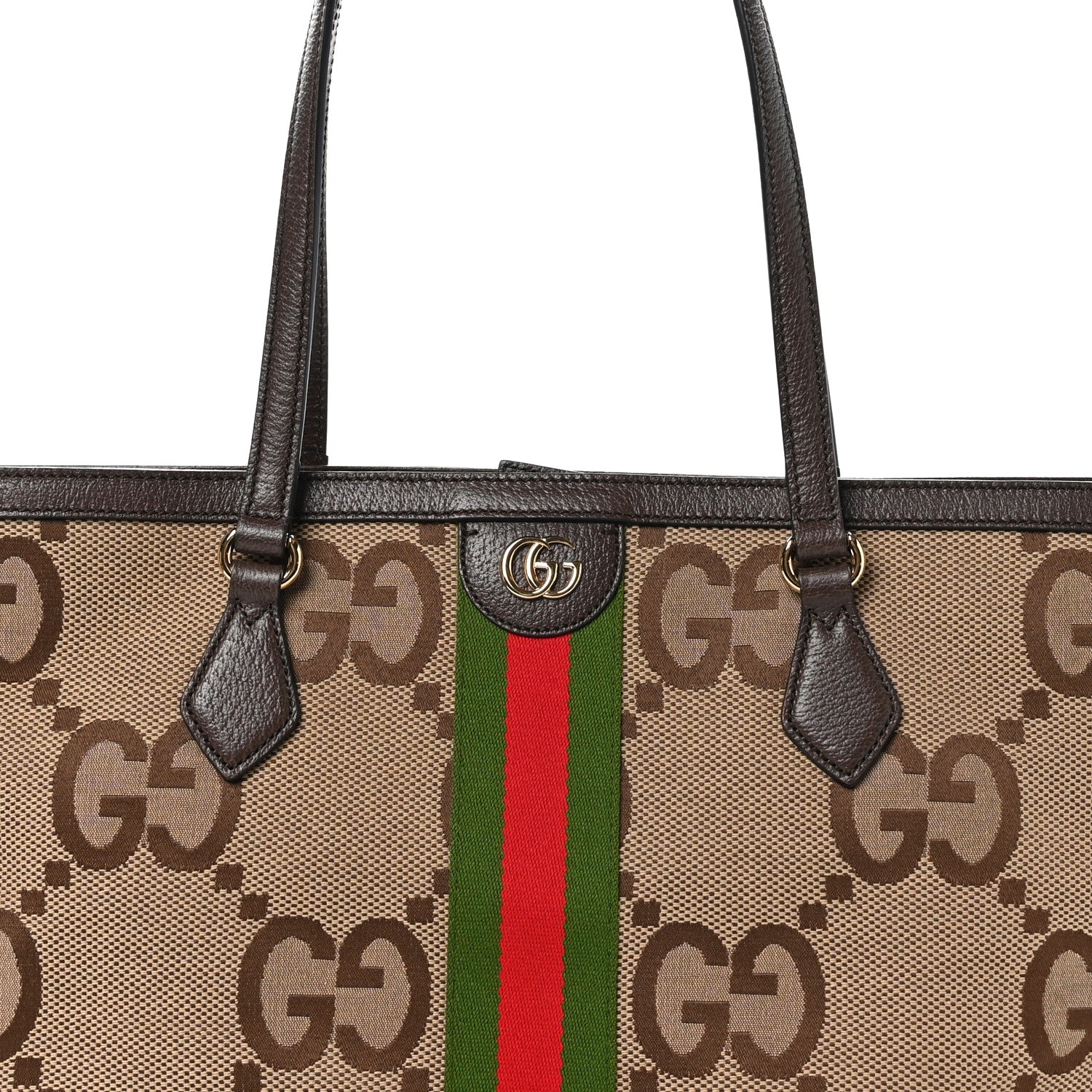 Gucci Monogram Jumbo GG Textured Dollar Calfskin Web Medium Ophidia Shopping Tote Camel Ebony 8 of 10