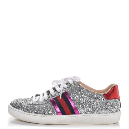 Gucci Glitter Web Ace Sneakers 36.5 Silver 1 of 12