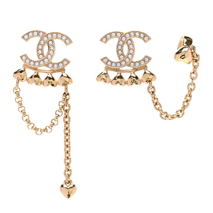 Chanel Metal Crystal CC Drop Heart Link Earrings Gold 1 of 5