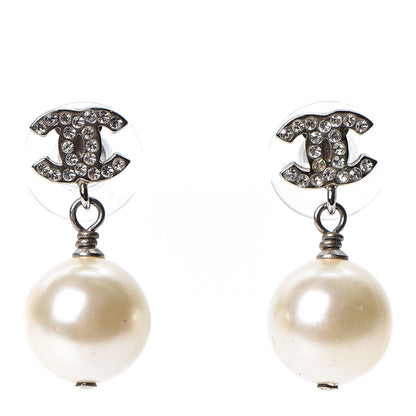 Chanel Crystal Pearl CC Drop Earrings Silver 1 of 5